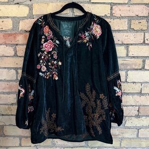 Embroidered Forest Green velvet Blouse with Floral Accents